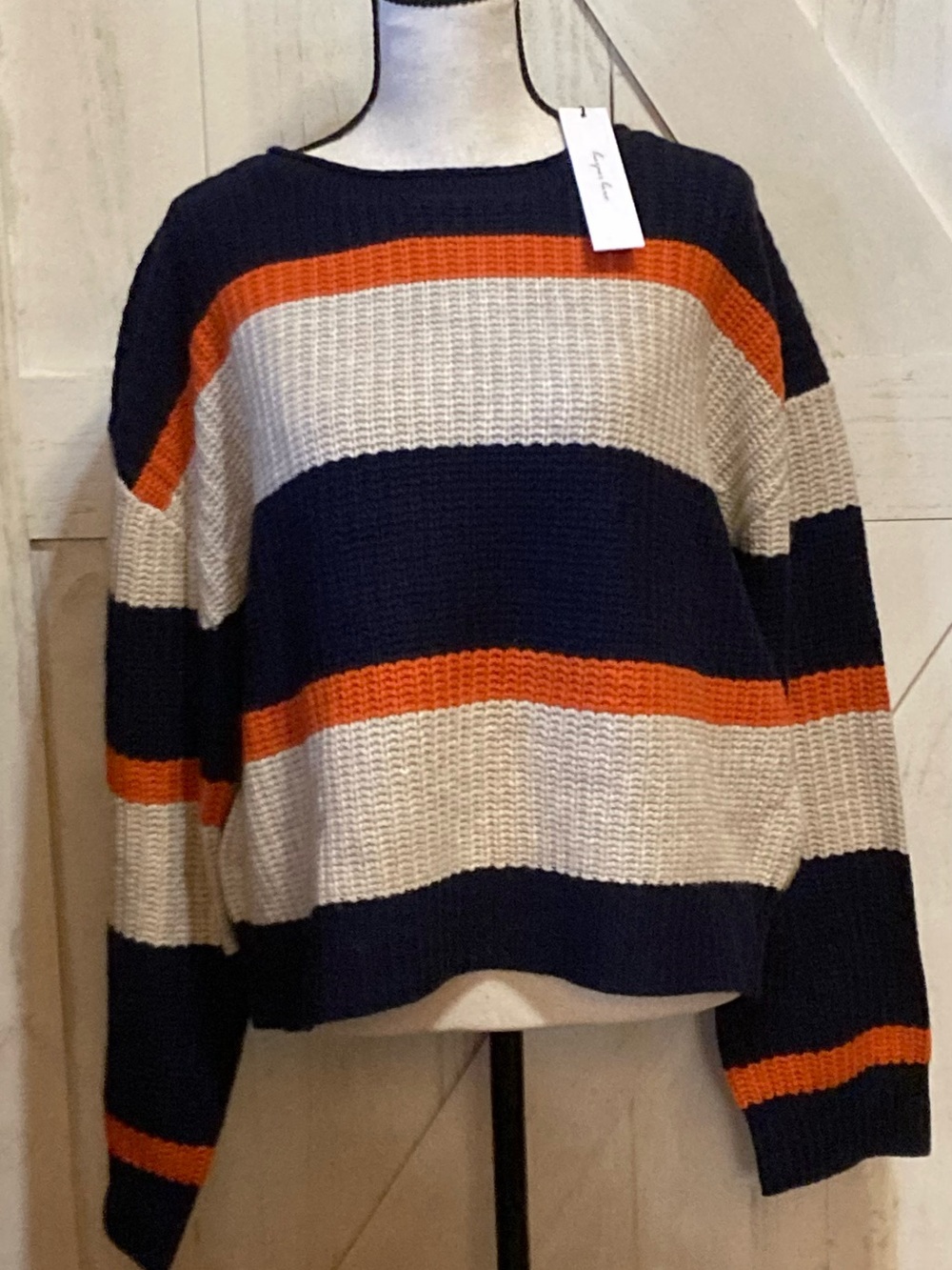 Striped Crewneck Sweater in Navy, Cream & Orange